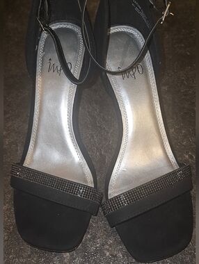 Impo Black Strappy Heeled Sandals with Rhinestone Band